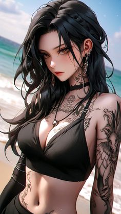 a woman with black hair and tattoos on her body standing in front of the ocean