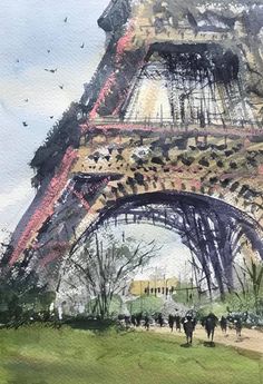 a painting of the eiffel tower in paris, france with people walking under it