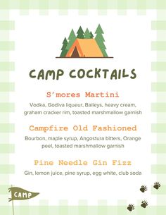 an advertisement for camp cocktails, with the words camping written in orange and green