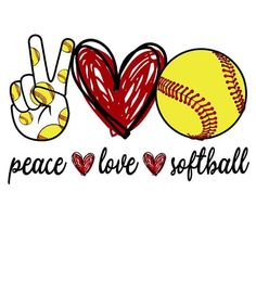 peace, love, softball and heart with hand written in the shape of a ball