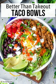 Taco bowl with beef, tomatoes, black beans, avocado, lime, jalapeno, sour cream, lime wedges, cilantro, and hot sauce in white bowl. Title: Better Than Takout Taco Bowls. Taco Rice Bowl Recipe, Healthy Taco Bowl, Taco Bowls Healthy, Taco Rice Bowl, Turkey Taco Bowl, Cilantro Lime Brown Rice, Taco Bowl Recipe, Taco Salad Bowls, Vegetarian Bowls