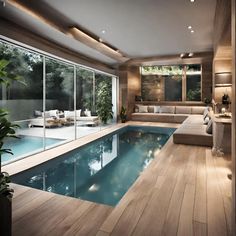 an indoor swimming pool in the middle of a living room with couches and large windows