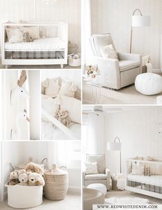 white nursery furniture and decor in various photos, including a crib with stuffed animals