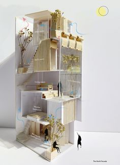 an architectural model of a house with various parts labeled in the diagram above it, including stairs and windows