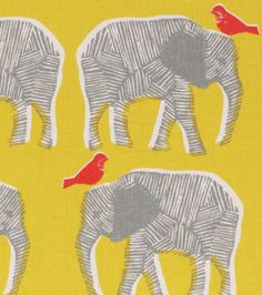 four elephants with red birds on them and yellow background