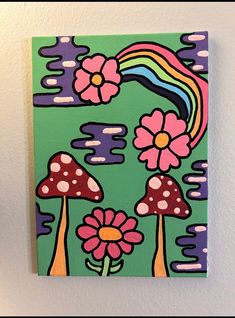 a painting of mushrooms and flowers on a green background