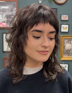 Layered Micro Bangs, Asymmetrical Shoulder Length Hair, Shaggy Baby Bangs, Alt Shoulder Length Hair, Shag Micro Bangs, Joan Of Arc Haircut, Rocker Haircuts For Women, Medium Shullet, Micro Bangs Wolf Cut