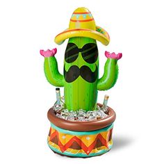 an inflatable cactus with sunglasses and a hat