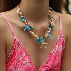 Super Cute And Stylish Ships In 5-10 Business Days Starfish-shaped Necklace With Starfish Charm For Summer, Starfish Charm Necklace For Beach, Starfish Jewelry For Vacation, Ocean-inspired Starfish Necklace For Beach, Turquoise Necklace With Starfish Charm For Beach, Turquoise Necklaces With Starfish Charm For Beach, Summer Vacation Necklace With Starfish Charm, Beach Turquoise Necklace With Starfish Charm, Blue Strand Necklaces For Beach Season