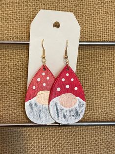 Handpainted Garden Gnome Wooden Earrings - Etsy How To Paint Wooden Earrings, Wooden Painted Earrings Diy, Wooden Earrings Diy, Wooden Teardrop Earrings Diy, Fun Hand Painted Drop Earrings, Wooden Earrings Handmade, Woodburning Earrings, Painted Wooden Earrings Handmade, Hand Painted Wooden Christmas Earrings