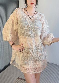 Fashion Apricot O-Neck Side Open Lace Shirt Half SleeveFabric: LaceSize & Fit: Fit: This garment fits true to size.Length: Size L measures 29.25"from shoulder to hemBust: Great for any cup size. Waist: Loose Fit. Comfortable room throughout midsection.Hip: Loose Fit - room for hips. Hand Wash Cold. Summer Beige Half Sleeve Tops, Summer Beige Half-sleeve Tops, Free Size Long Sleeve Blouse For Spring, Spring Oversized Crew Neck Blouse, Free Size Long Sleeve Tops For Spring, Free Size Short Sleeve Blouse, Free Size Short Sleeve Casual Tops, Casual Short Sleeve Tops Free Size, Casual Long Sleeve Free Size Blouse