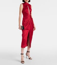 Draped cutout midi dress in red - Rasario | Mytheresa Ruched Dress With Cut-out Waist For Night Out, Chic Ruched Dress With Cut-out Waist, Ruched Sheath Midi Dress For Gala, Gala Sheath Midi Dress With Ruched Detail, Party Ruched Midi Dress In Elastane, Elegant Bodycon Dress With Cut-out Waist For Party, Ruched Midi Dress For Date Night, Ruched Sheath Midi Dress, Evening Bodycon Dress With Cutout