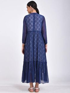 Indigo Cotton Silk Maxi Dress (Set of 2) By The Neem Tree now available at Trendroots Blue Anarkali Dress With Ruffles, Festive Anarkali Dress With Tiered Skirt, Transitional Bohemian Block Print Dresses, Summer Anarkali Dress With Ruffles, Anarkali Dresses With Ruffles, Festive Ankle-length Block Print Dresses, Traditional Tiered Skirt Dress For Spring, Traditional Spring Dresses With Tiered Skirt, Cotton Silk Fabric