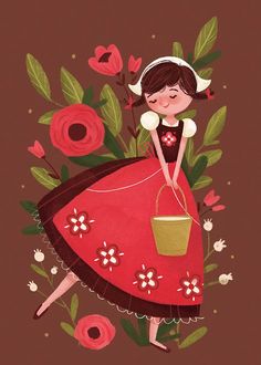 a woman in a red dress holding a bucket with flowers on it and the words buenodias