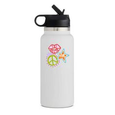 a white water bottle with peace and stars on it