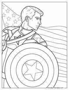 the captain america coloring page with an american flag in the background and stars on it