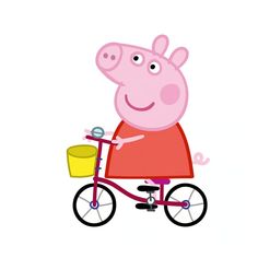 peppa pig riding a bike with a bucket on the handlebars and smiling