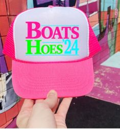 Hi friends, thank you for supporting my shop! Our goal is to bring you the highest quality custom products with the friendliest customer service possible!  Please allow 3 - 7 business days for item to ship.  Item will come as it is pictured.  If you have any custom requests, please message me and i'll do my best to take care of you!   Boats Hoes 24 - Neon Pink and White Foam Trucker Hat Pink Casual Trucker Hat For Sports Events, Casual Pink Trucker Hat For Sports Events, Pink Hat For Sports Events, One Size Fits Most, Pink Hat For Sports Events, One Size, Pink Sports Event Hat, Pink Trucker Hat With Letter Print, Pink Trucker Hat For Sports Events, Pink Trucker Snapback Hat With Letter Print, Pink Letter Print Trucker Snapback Hat