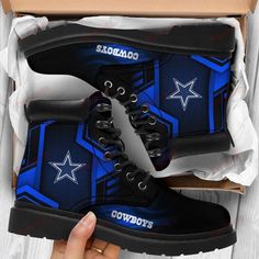 Dallas Cowboys Boots - Premium Shoes/ Premium Leather Boots - Gift For Sports Lovers 326 Sporty High-top Sports Boots, Sporty High-top Boots For Sports, Sporty Leather Boots With Reinforced Heel, Streetwear Round Toe Fade-resistant Boots, Sporty Ankle Boots With Laces, Ankle-high Boots With Cushioned Footbed For Sports, Fade-resistant Round Toe Boots For Streetwear, Fade-resistant Synthetic Boots For Streetwear, Fade-resistant High-top Synthetic Boots