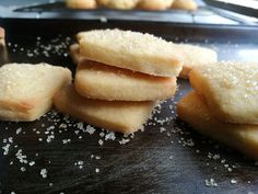 some sugar cookies are stacked on top of each other