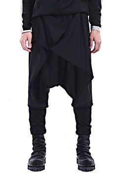 Asymmetric Extravagant Black Loose Casual Drop Crotch Harem Pants / Ca – Ofelya Boutique Gender Blender, Ninja Pants, Unique Pants, Skirt Inspiration, Long Rain Coat, Harem Pant, Drop Crotch Pants, Yellow Raincoat, China Style