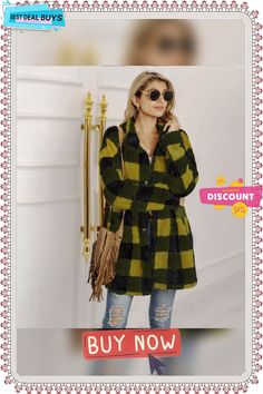 Women's Long-sleeved Plaid Print Mid-length Shirt Jacket Green Collared Outerwear For Fall, Collared Green Outerwear For Fall, Green Collared Fall Outerwear, Green Long Sleeve Outerwear For Fall, Plaid Long Sleeve Outerwear For Fall, Fitted Plaid Casual Outerwear, Casual Fitted Plaid Outerwear, Fitted Casual Plaid Outerwear, Green Long Sleeve Outerwear