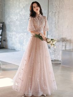 Formal Tulle Gown With Short Sleeves, Feminine A-line Dress For Banquets, Bridesmaid Evening Dress With Fitted Bodice And Short Sleeves, Feminine A-line Wedding Gown, Fitted Half Sleeve Wedding Dress, Formal Pink Tulle Dresses, A-line Tulle Dress For Banquets, A-line Tulle Dress For Banquet, Pink Tulle Dress For Formal Occasions