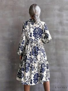 Lasaky - Chic V-Neck Long Sleeve Dress with Floral Print Design - Womens Elegant Tiered Dress White Long Sleeve Floral Dress For Fall, Beige Printed Fall Dress, Patterned Dress For Brunch In Fall, Patterned Dresses For Fall Brunch, Patterned Dress For Fall Brunch, Dana Dress, Dresses Shein, Dress With Floral Print, Womens Trendy Dresses