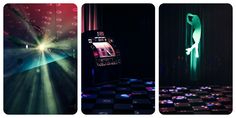 three different images of a room with lights and sound equipment on the walls, in front of a checkerboard floor