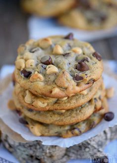 chocolate chip cookies stacked on top of each other