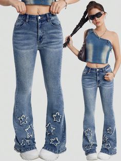 Details:Pocket \nFit Type:Skinny \nDetails:Zipper \nClosure Type:Zipper Fly \nColor:Medium Wash \nPattern Type:Plain \nType:Flare Leg \nWaist Line:Natural \nLength:Long \nFabric:Medium Stretch \nMaterial:Denim \nComposition:52% Cotton \nComposition:28% Polyester \nComposition:18% Viscose \nComposition:2% Elastane \nCare Instructions:Machine wash, do not dry clean \nBody:Unlined \nSheer:No \n Jeans With Star, Butterfly Jeans, Geometric Butterfly, Girls Fall Outfits, Summer Boho, Flare Leg Jeans, Dark Jeans, Girls Denim