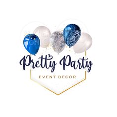 the pretty party event decor logo with balloons and confetti on white paper background