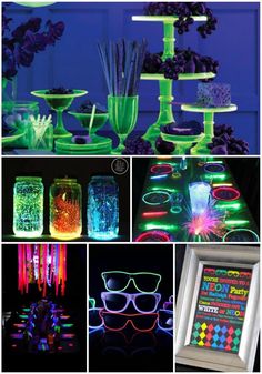 several different pictures with neon colors and glasses on them, including an assortment of items