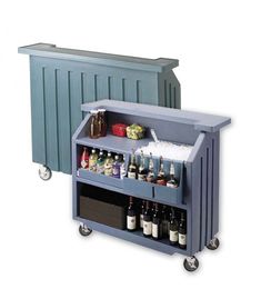 an outdoor cooler with bottles and drinks on wheels