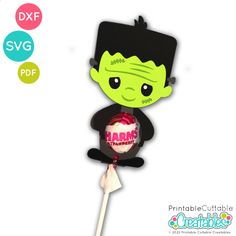 a green zombie holding a lollipop with the word karma on it's face