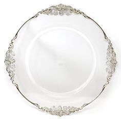 an empty glass plate with silver trim around the edge