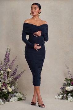 Davina Navy Ruched Twist Bardot Long-Sleeve Maternity Midi Dress – Club L London - USA Maternity Staples, Bardot Neckline, Sleek Bun, Maternity Midi Dress, Black Dress Prom, Party Dress Long Sleeve, Christmas Party Dress, Bridesmaid Outfit, Black Sequin Dress