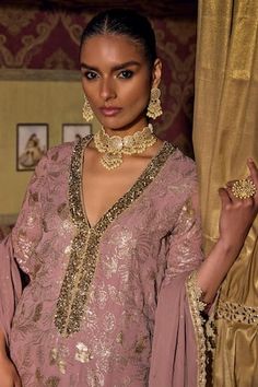 Mauve purple kurta with sequin embroidery and floral motifs. Paired with a lace sharara and dupatta. - Aza Fashions Floral Work, Women Kurta, Mauve Purple, Sequin Embroidery, Sharara Set, Sequins Embroidery, Set Women, Floral Motifs, Aza Fashion