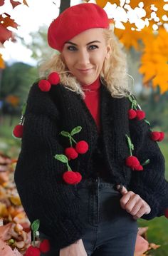 cherry cardigan balloon sleve woman cardigan bloom knit jacket chunky cardigan cherry sweater black cardigan gıfts  for her knit cherry cardigan cardıgan lengh 17.8 ınches Shipping takes  USA          : 3-7 days Europe    : 3-6 days Australia : 3-7 days Please write your mobile phone number in the 'order note' section. SİZE: S/M/L We used black and red and green threads for our product.  * Model Size: Length: 167 cm Weight: 52 kg Washing instructions: Hand wash or at a maximum of 30 degrees. Do Black Hand Knitted Outerwear For Fall, Red Embroidered Winter Cardigan, Embroidered Red Cardigan For Fall, Red Embroidered Fall Cardigan, Trendy Embroidered Fall Cardigan, Red Knitted Outerwear For Spring, Embroidered Black Cardigan For Fall, Trendy Hand Knitted Outerwear For Fall, Black Embroidered Cardigan For Fall