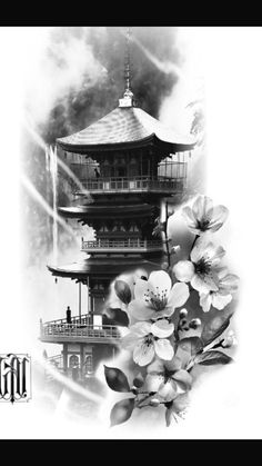 a black and white photo with flowers in the foreground