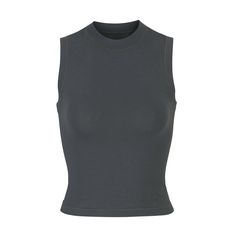 This mock neck tank has a throwback feel, with a ringer neckband and banded armholes. Soft and stretchy jersey fabric makes this a versatile piece for everyday wear. Sporty Fitted Crew Neck Vest, Fitted High Neck Tank Top For Sports, Sporty Stretch High Neck Tank Top, Sporty High Neck Stretch Tank Top, High Neck Sports Top, Mock Neck Tank, Across Body Bag, Hug You, Office Outfits