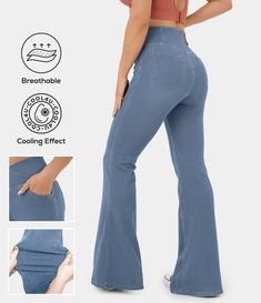 Women’s HalaraMagic™ Jeans High Waisted Crossover Pocket Cool Touch Washed Stretchy Knit Denim Casual Super Flare Pants - HALARA Super Flare Jeans, Elastic Jeans, Knit Denim, Stylish Pants, Retro Mode, Stretchy Pants, Curvy Jeans, Chic Look, Joggers Womens