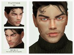 the face of a man with tattoos on his forehead and neck is shown in three different angles