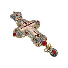 Gold Pectoral Cross Pendant Necklace Christian Priest Bishop Crucifix Red Multi Zircons Nazareth Store Symbolic Red Jewelry As Gift, Red Symbolic Engraved Jewelry, Handmade Red Jewelry For Souvenir, Red Engraved Spiritual Necklaces, Red Spiritual Engraved Necklace, Ornate Red Jewelry As Gift, Ornate Red Jewelry For Gifts, Red Spiritual Metal Jewelry, Red Engraved Spiritual Necklace