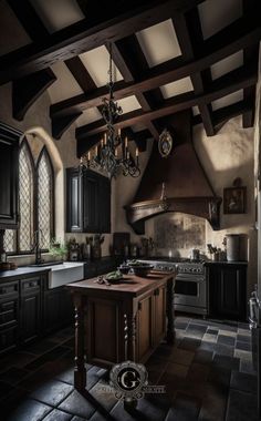 an old fashioned kitchen with black cabinets and tile flooring, chandelier hanging from the ceiling