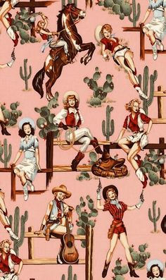 a pink background with many different images of women and men in cowboy outfits on horses