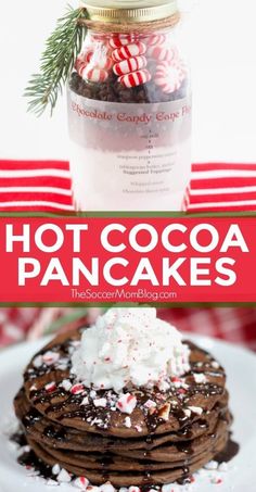 hot cocoa pancakes with whipped cream and candy canes in a jar