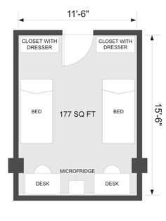 a floor plan for a bedroom with two beds and one closet, the other side has a