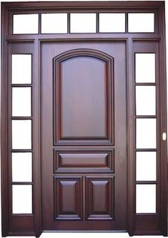 a wooden door with two side panels