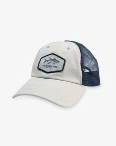 The front view of the Southern Tide Big Tuna Trucker Hat by Southern Tide - Light Grey Casual Adjustable Snapback Hat For Fishing, Casual Snapback Hat With Flat Bill For Fishing, Casual Flat Bill Baseball Cap For Fishing, Casual Flat Bill Snapback Hat For Fishing, Fishing Snapback Hat With Curved Brim, Gray Casual Fishing Hat, Casual Curved Brim Trucker Hat For Fishing, Casual Gray Fishing Hat, Casual Snapback Hat For Fishing